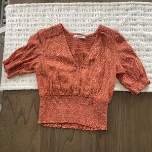 Abercrombie & Fitch Orange Puff Sleeve Smocked Blouse S